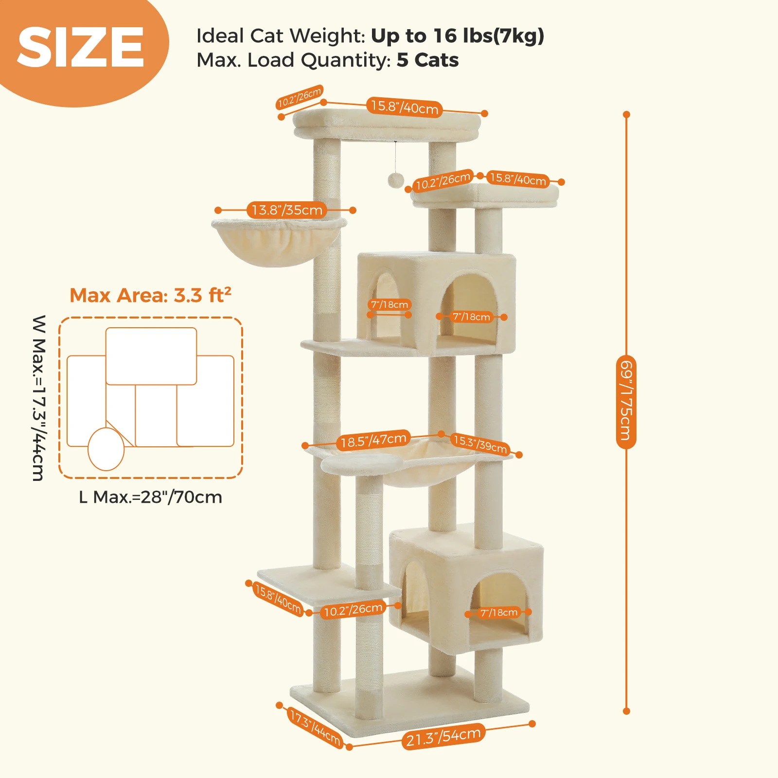 Vista general del árbol para gatos grande de 7 niveles