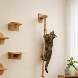 Rascador de pared para gatos con cuerda de sisal y escalón de madera