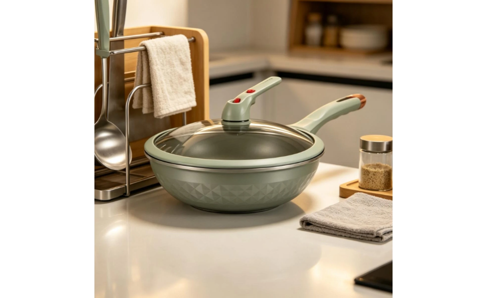 Wok con tapa de vidrio cerrada