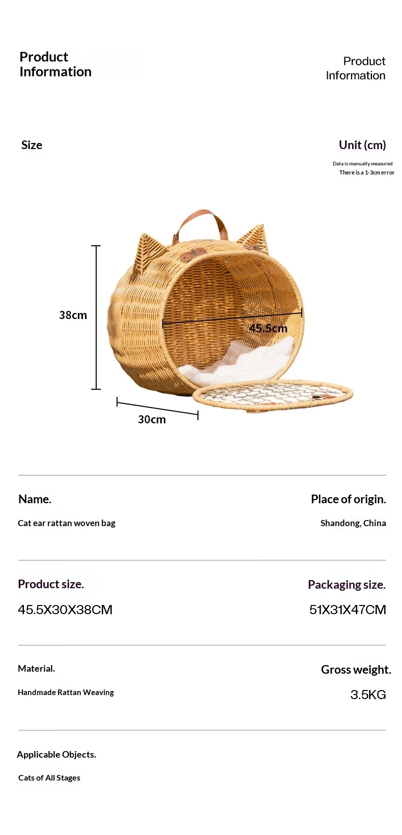 Transportín y cama de ratán para gatos, ventilado y listo para viajar