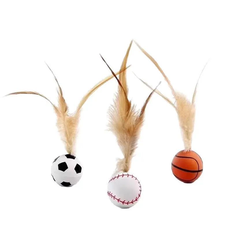 Pelota elástica de goma para gatos con plumas, antiestrés