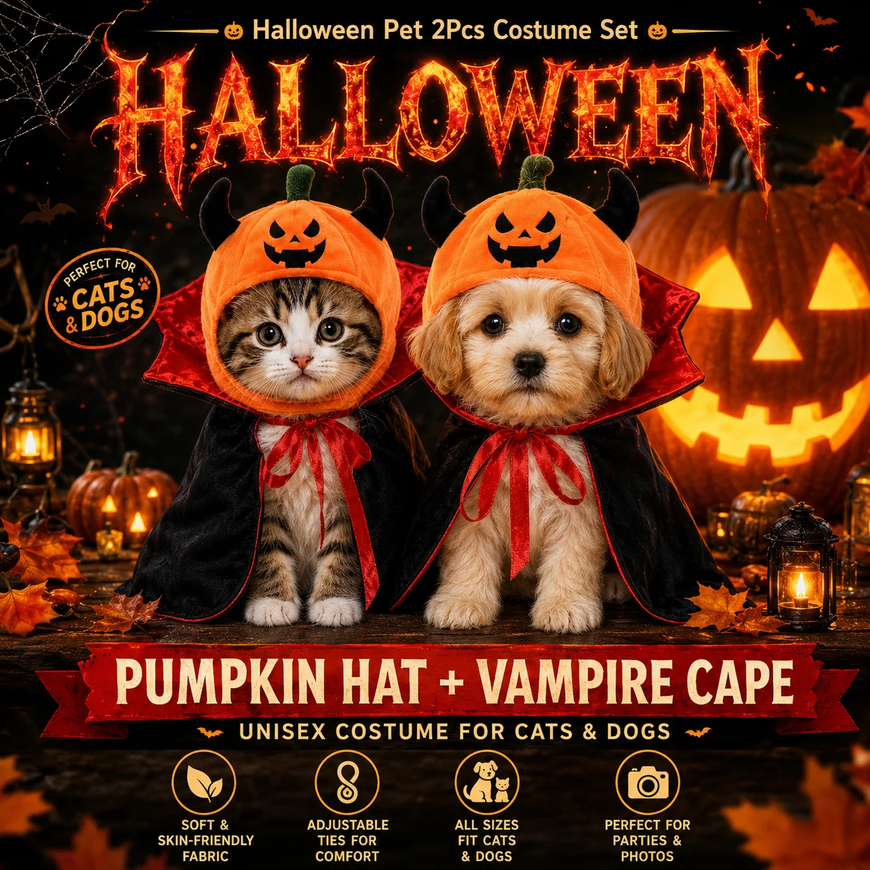 Disfraz vampiro Halloween para gatos y perros – Capa y sombrero calabaza - imagen 4