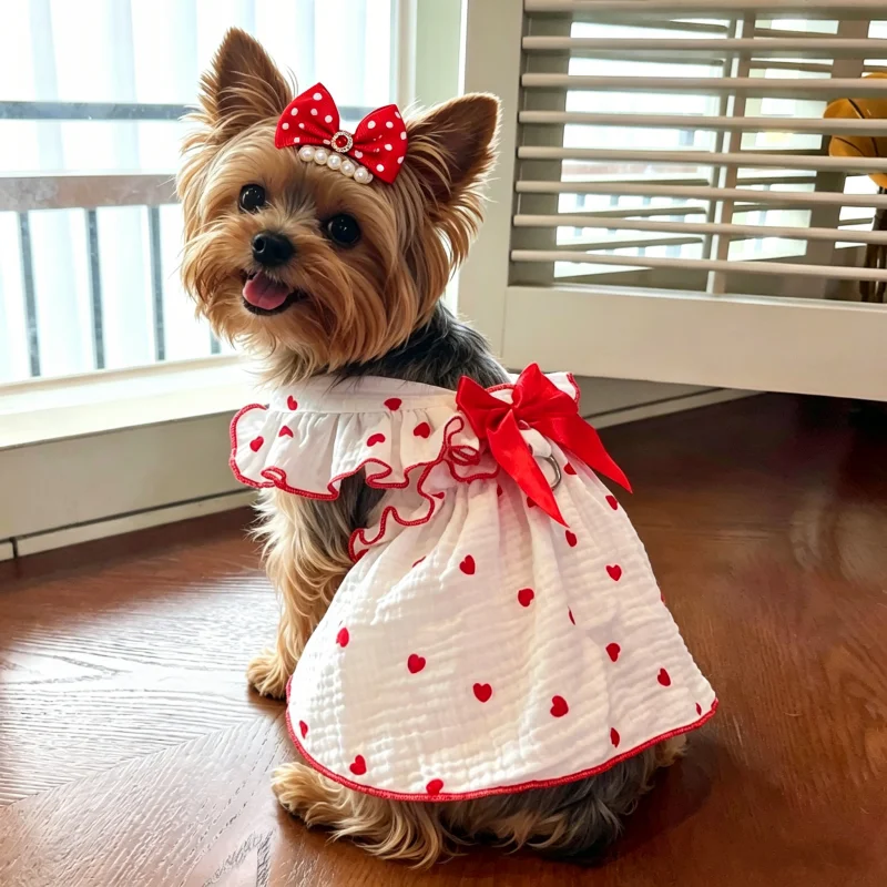 Vestido para perro con lazo y corazón, pinzas para pelo verano