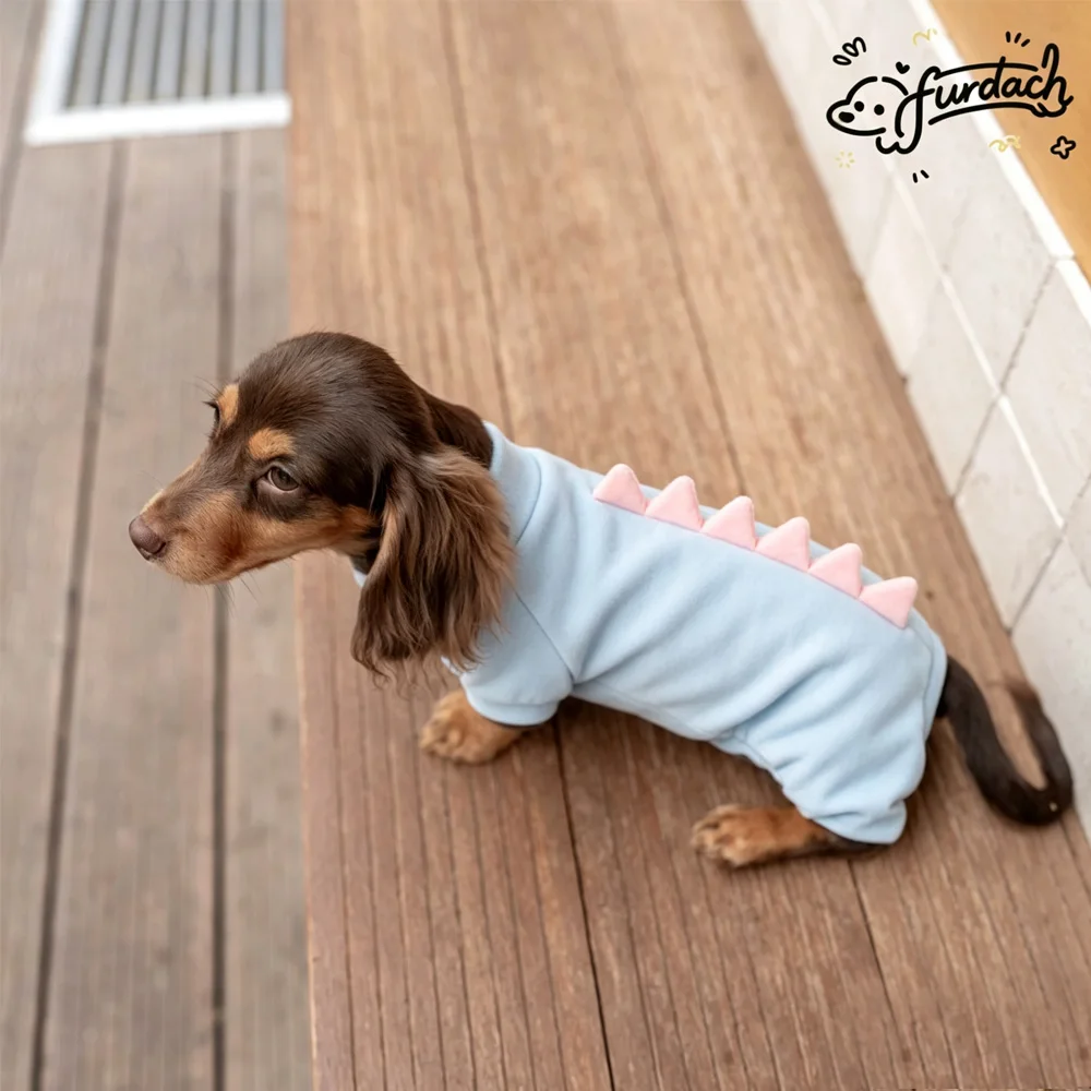 Sudadera forro polar dinosaurio para perro salchicha: cálida verde azul - imagen 3