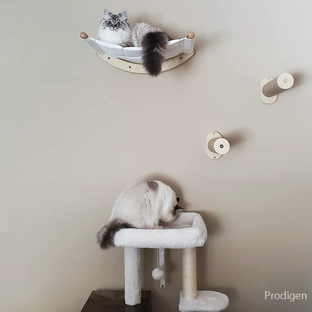 Hamaca de pared para gatos con estantes de madera