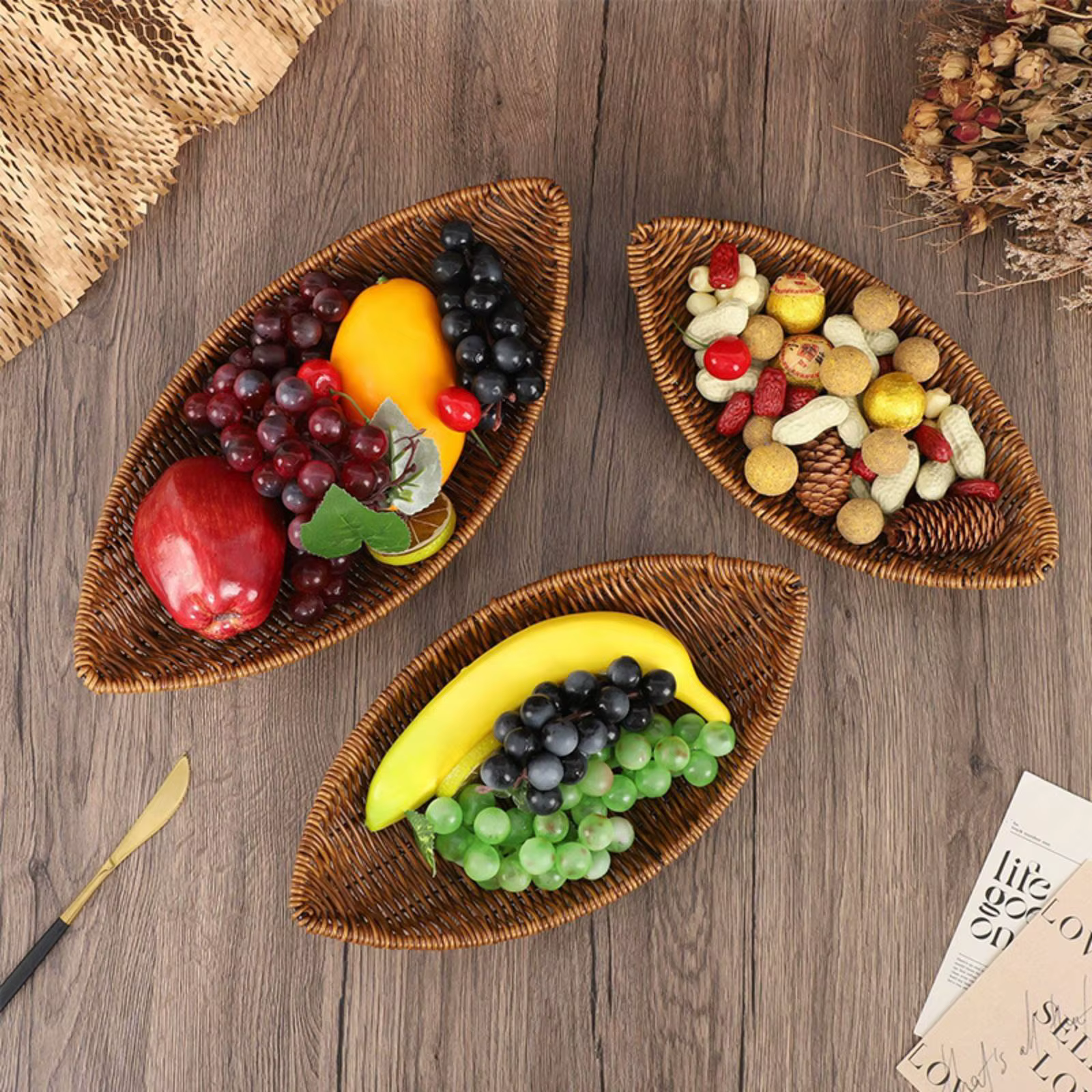 Cesta de mimbre para snacks de perros y gatos, bandeja rústica - imagen 5