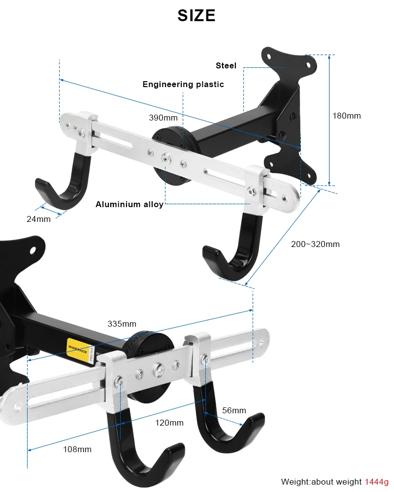 Soporte de pared para bicicleta RIDERACE visto desde ángulo frontal
