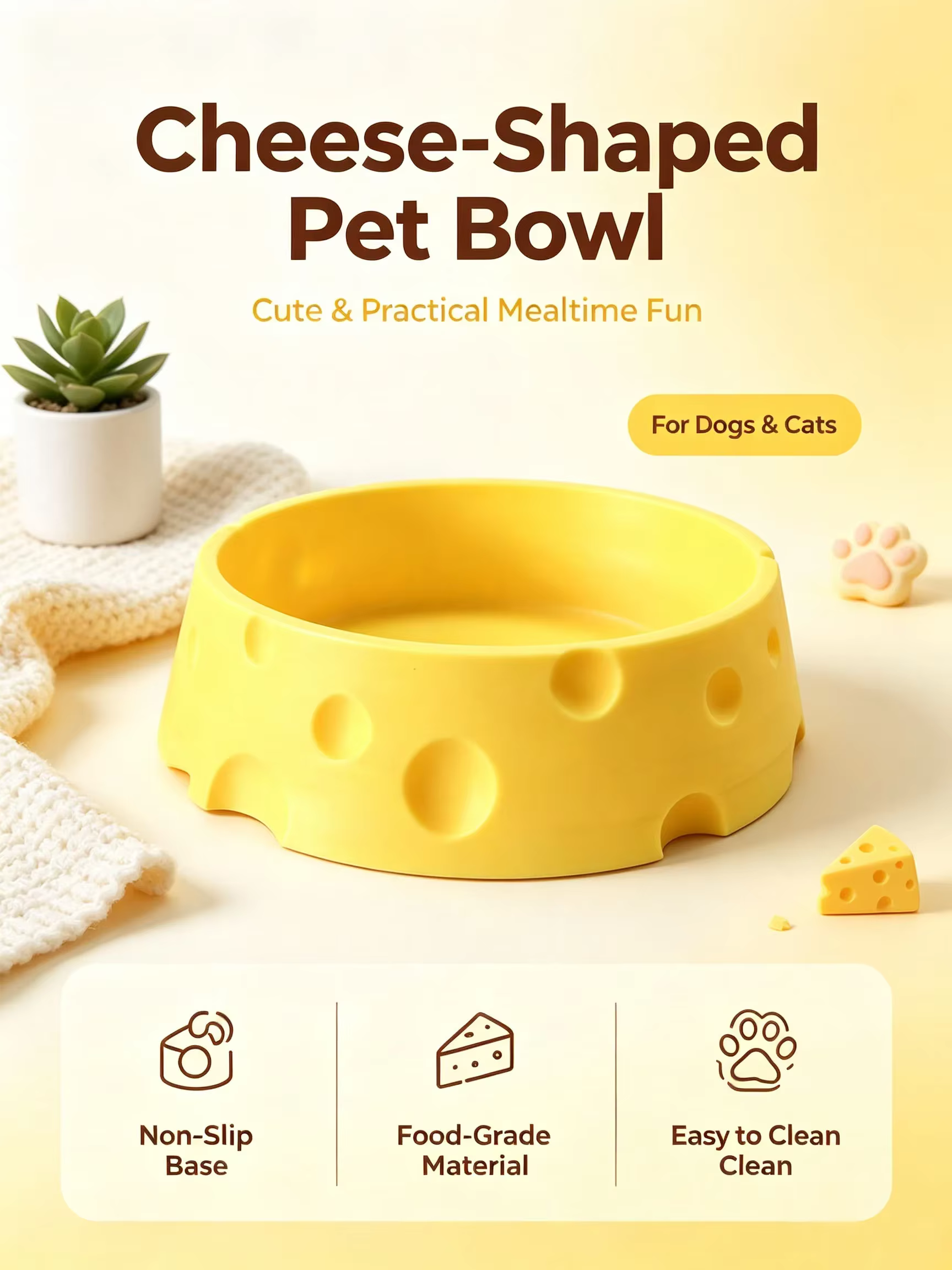 Tazón para mascotas con forma de queso visto desde arriba mostrando su diseño decorativo