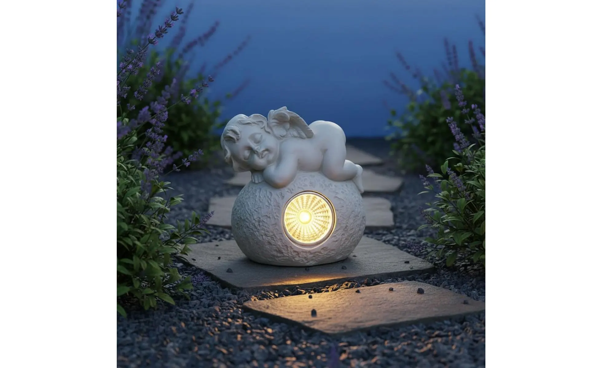 Estatua de ángel acostado de resina con luz solar