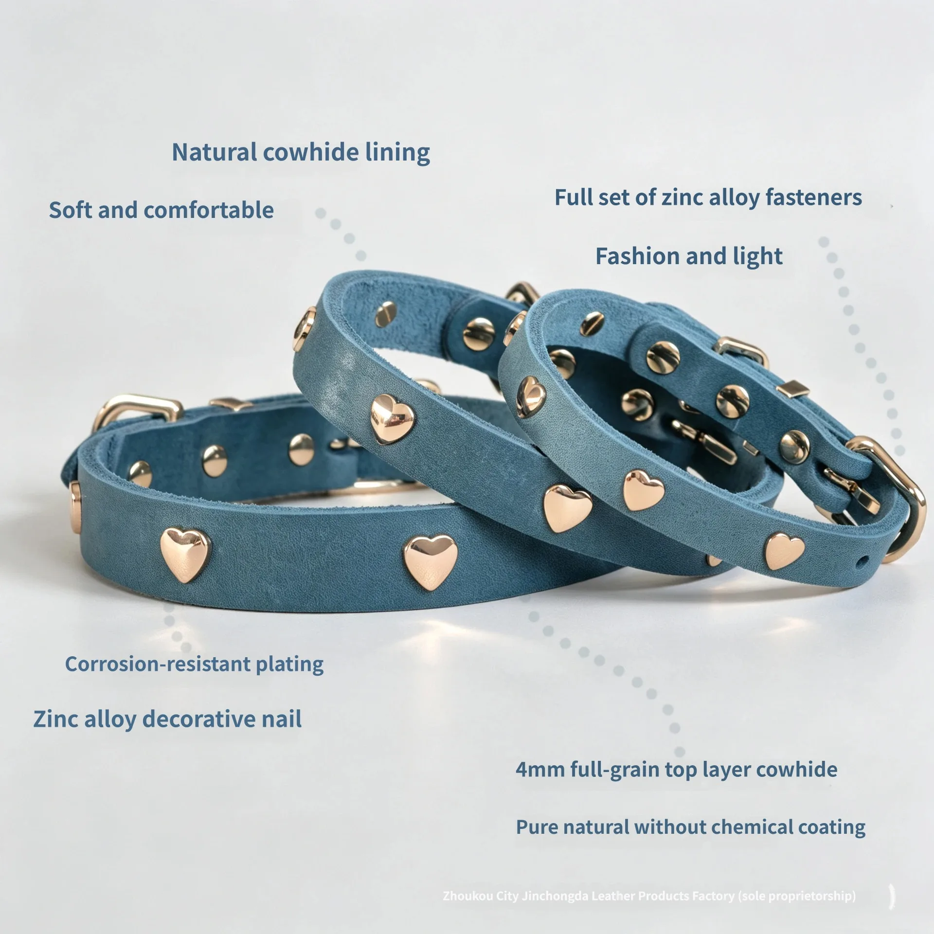 Collar perro cuero genuino ajustable con remaches corazón dorado - imagen 4