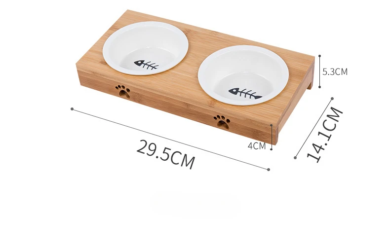 Comedero doble elevado de cerámica y bambú para gatos y perros