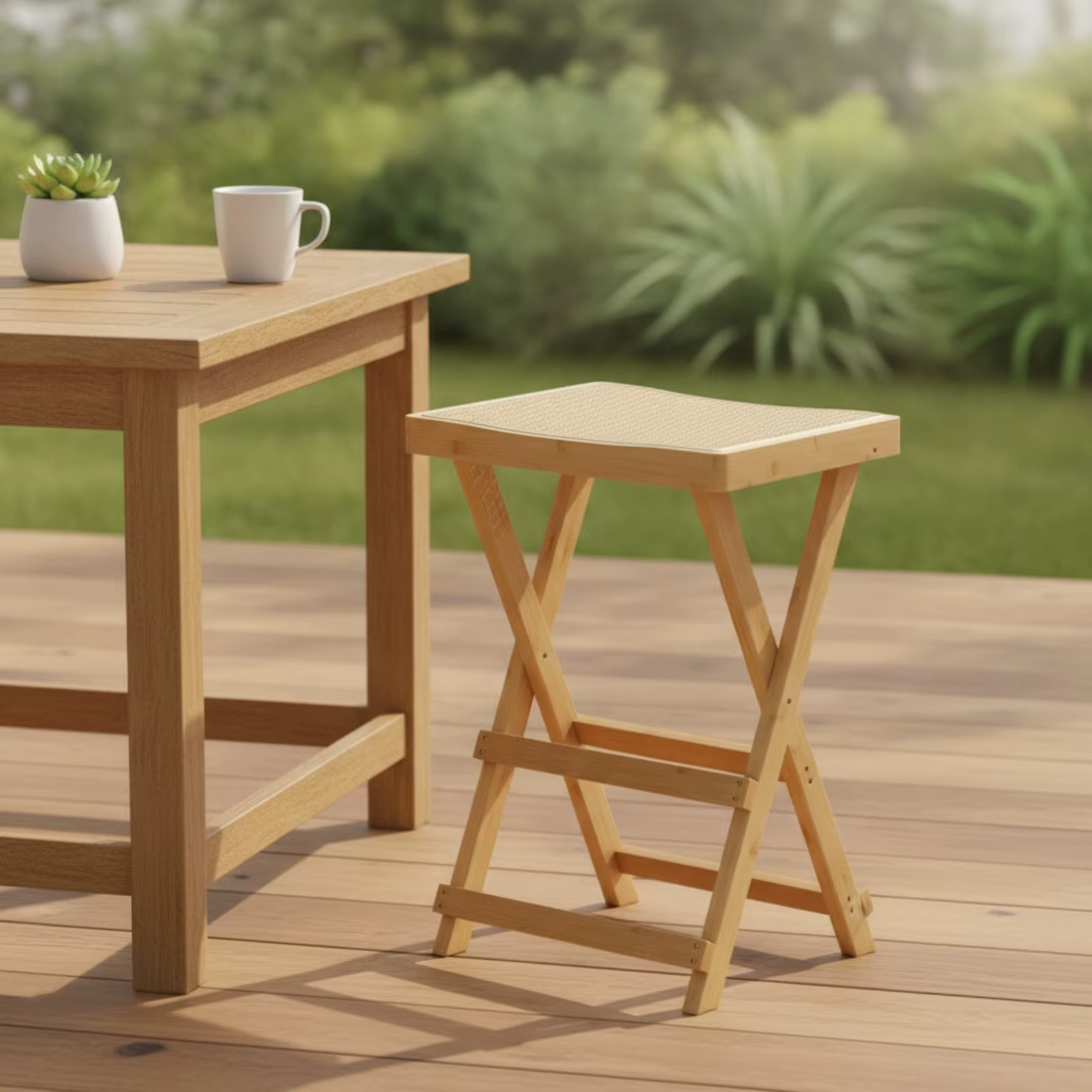 Taburete plegable de bambú con asiento tejido para gatos y perros - imagen 2