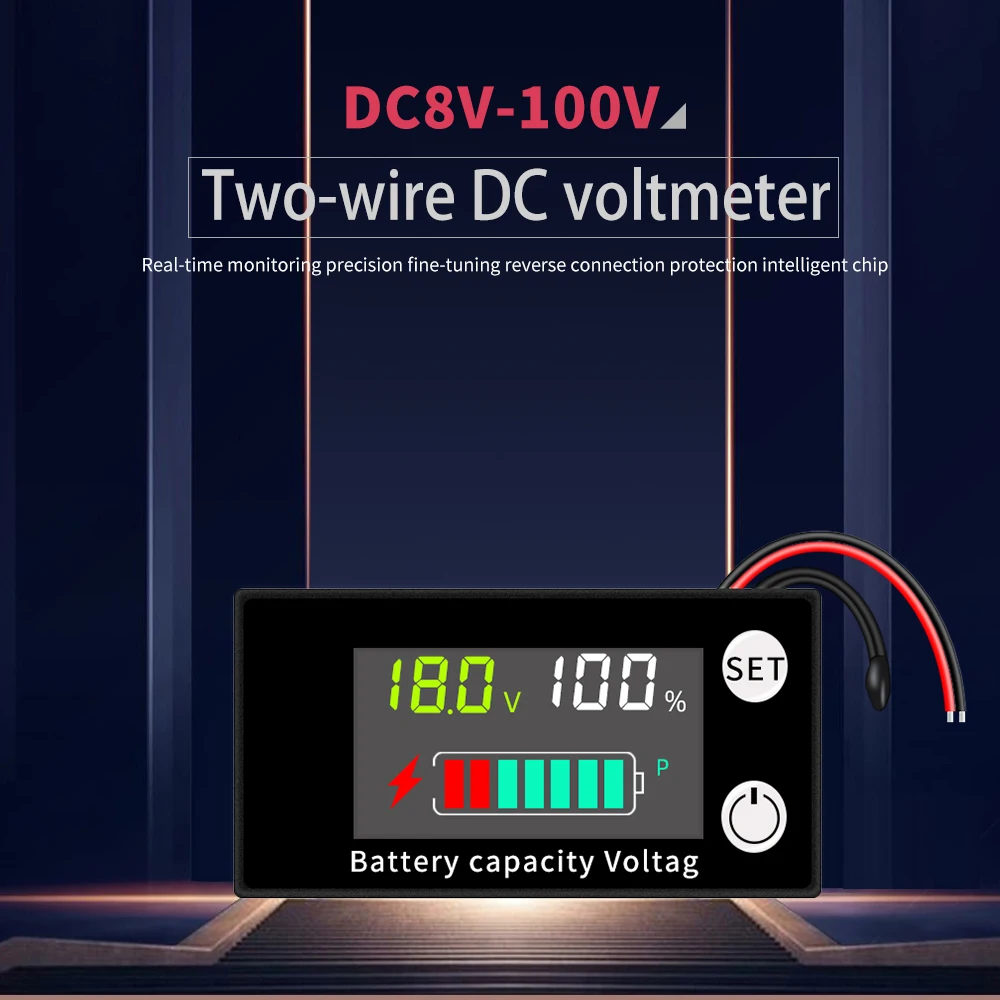 Pantalla LCD mostrando voltaje y capacidad