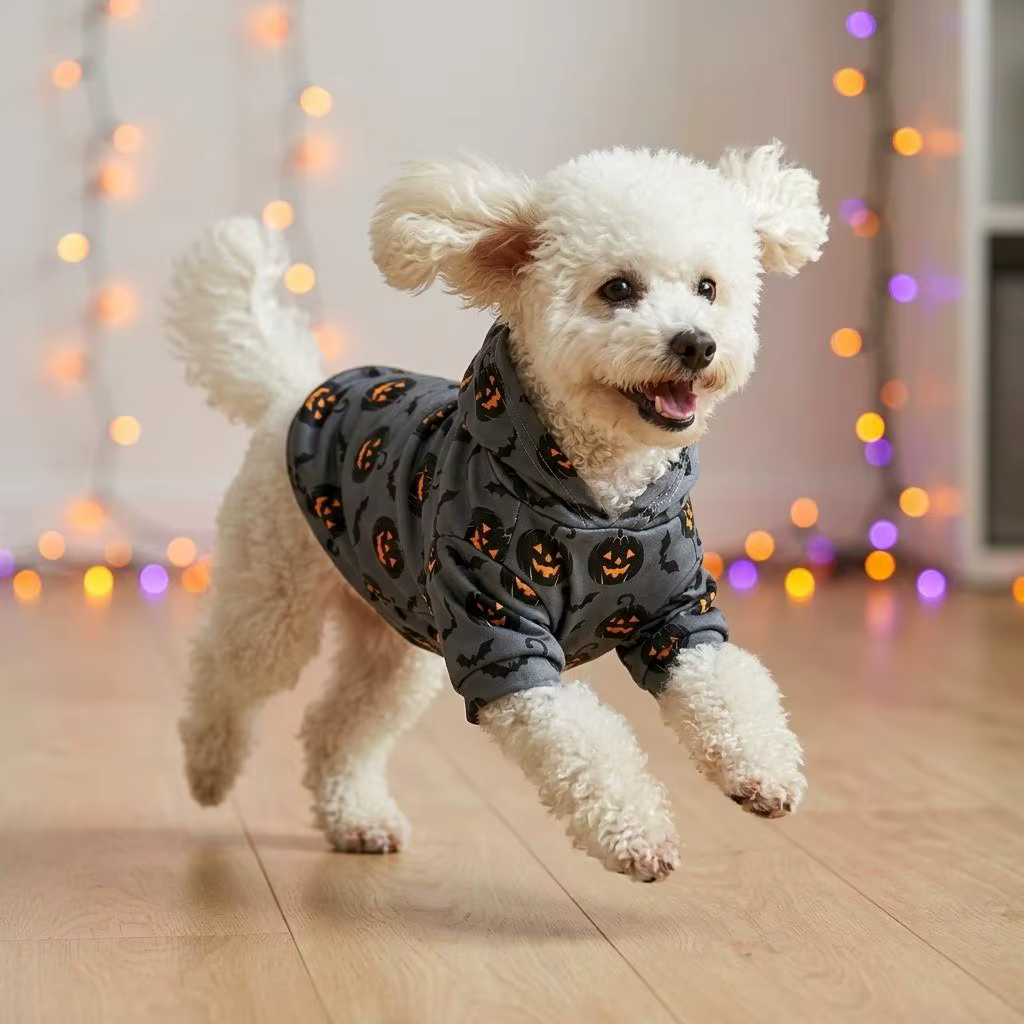 Perro pequeño vistiendo la sudadera de Halloween