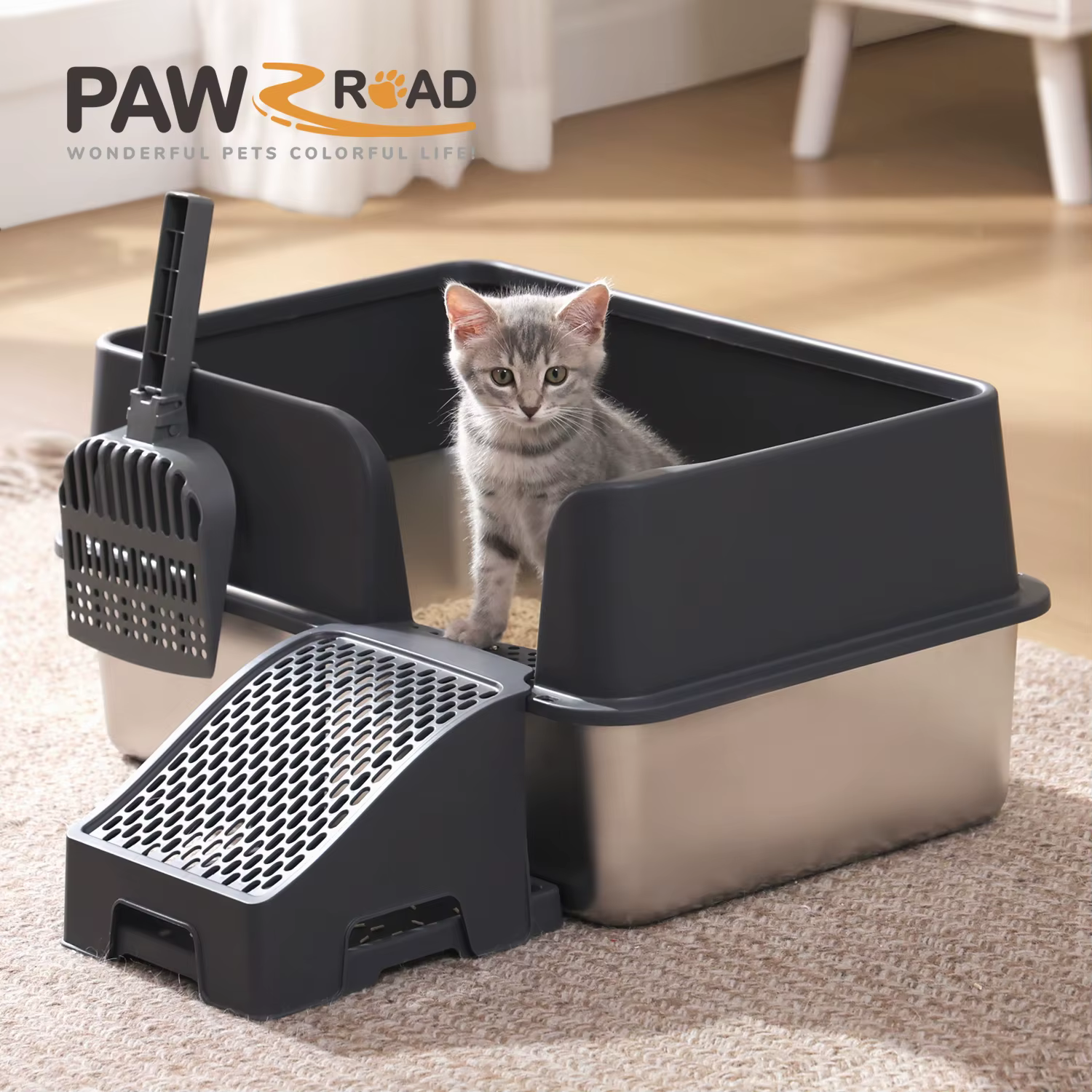 Caja de arena para gatos XL de acero inoxidable con tapa y escalón - imagen 5