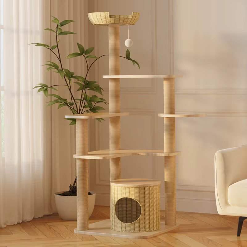 Árbol rascador para gatos de ratán con cama y plataforma - imagen 4