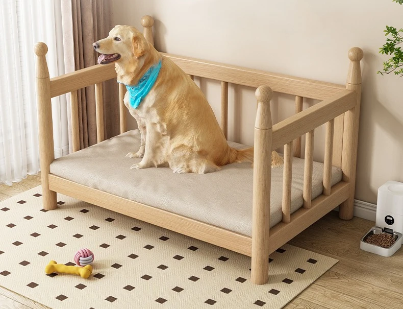 Cama de madera para perros en sala moderna