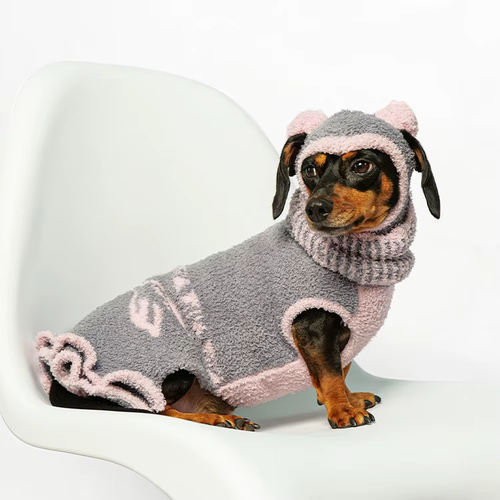 Abrigo de lana con gorro para perro tipo salchicha en invierno