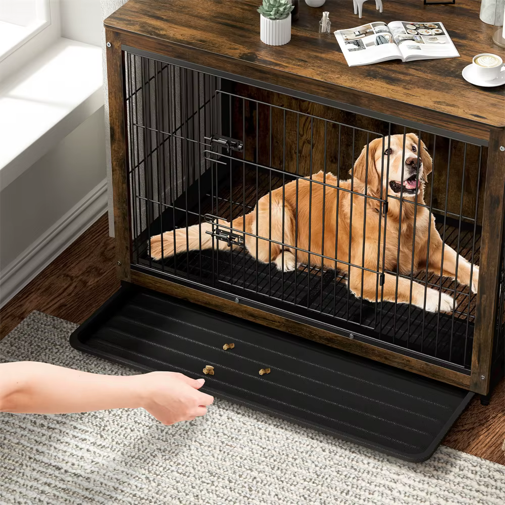 Jaula elevada de madera para perros con doble puerta y bandeja - imagen 2