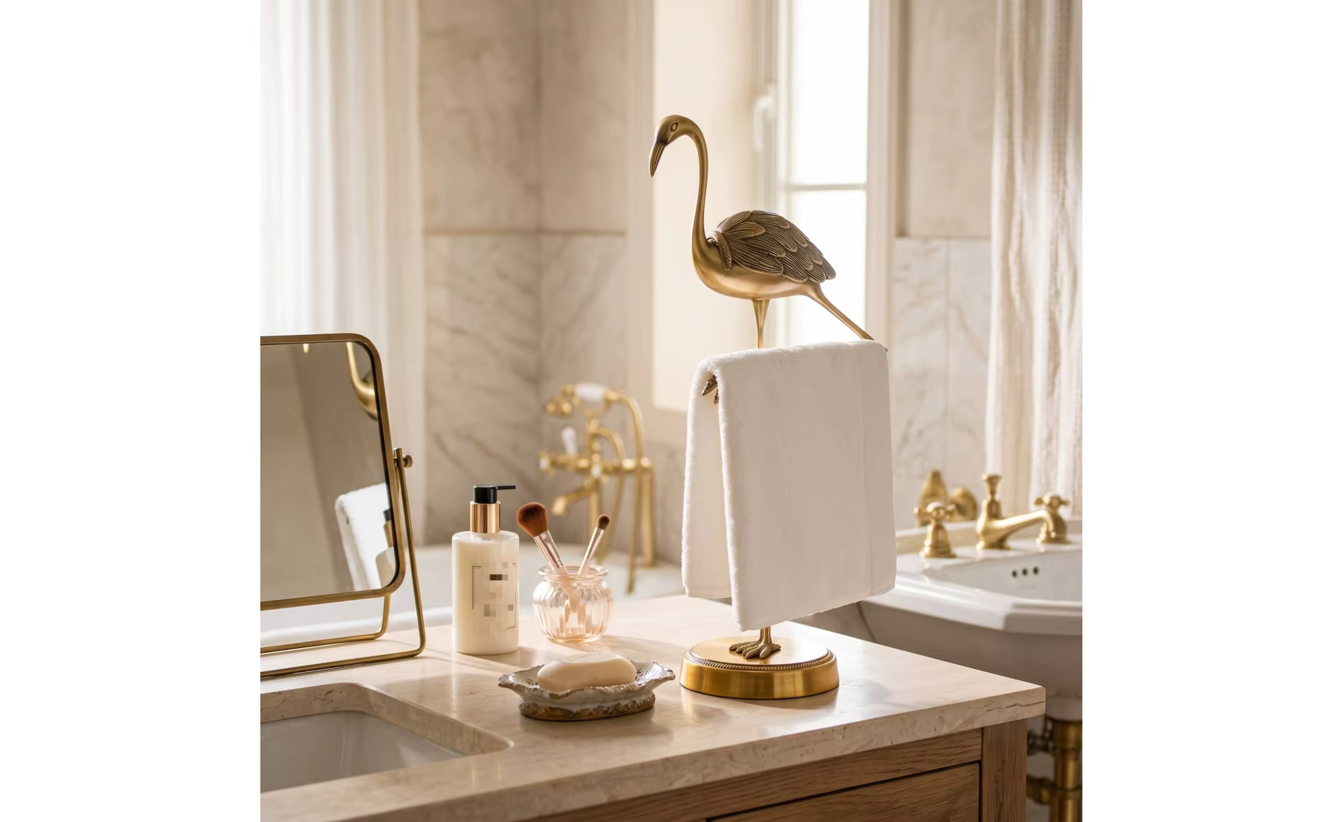 Toallero de grúa moderno con forma de ave en acabado dorado sobre encimera de baño