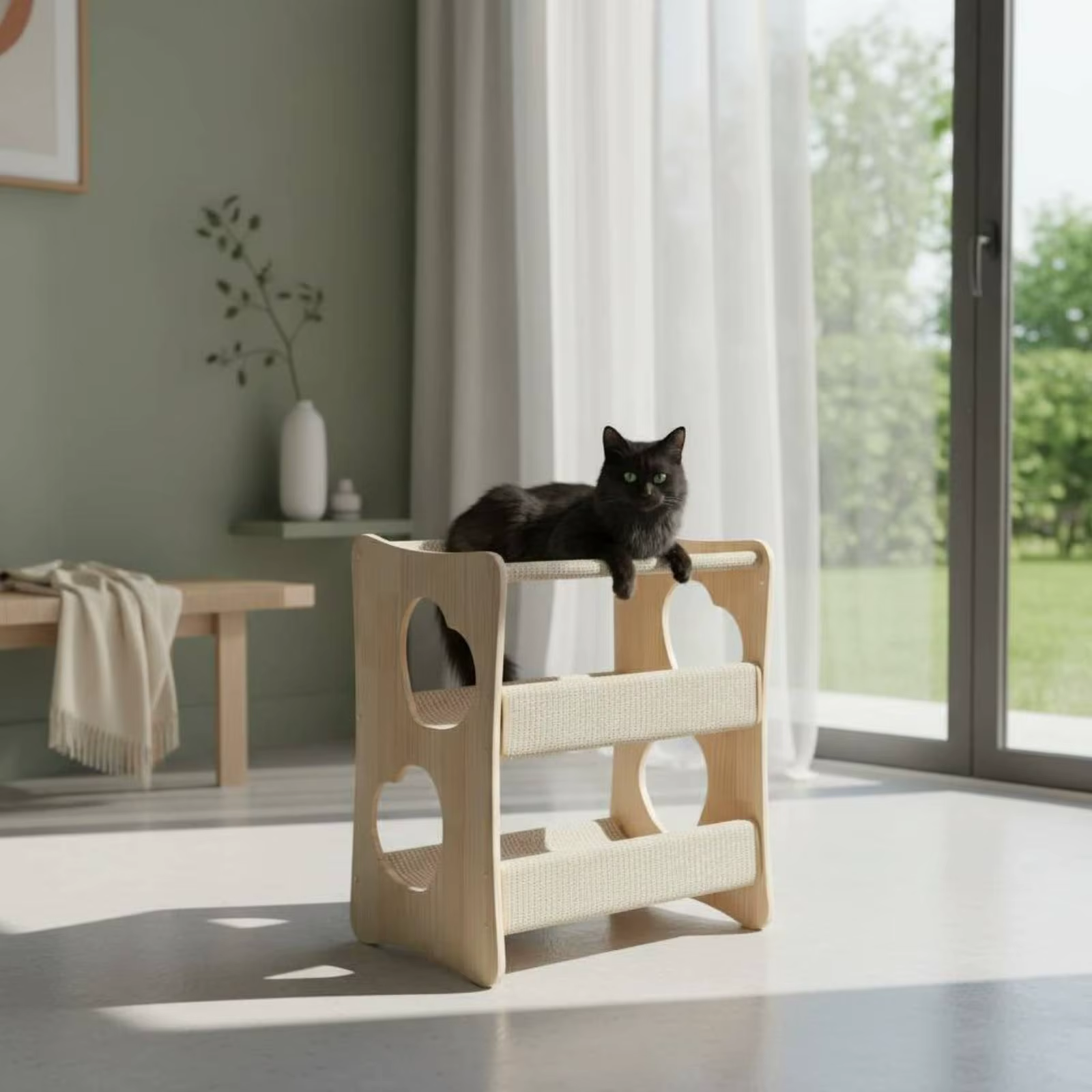 Cama multinivel para gatos con hamaca de madera – Rascador y descanso - imagen 3