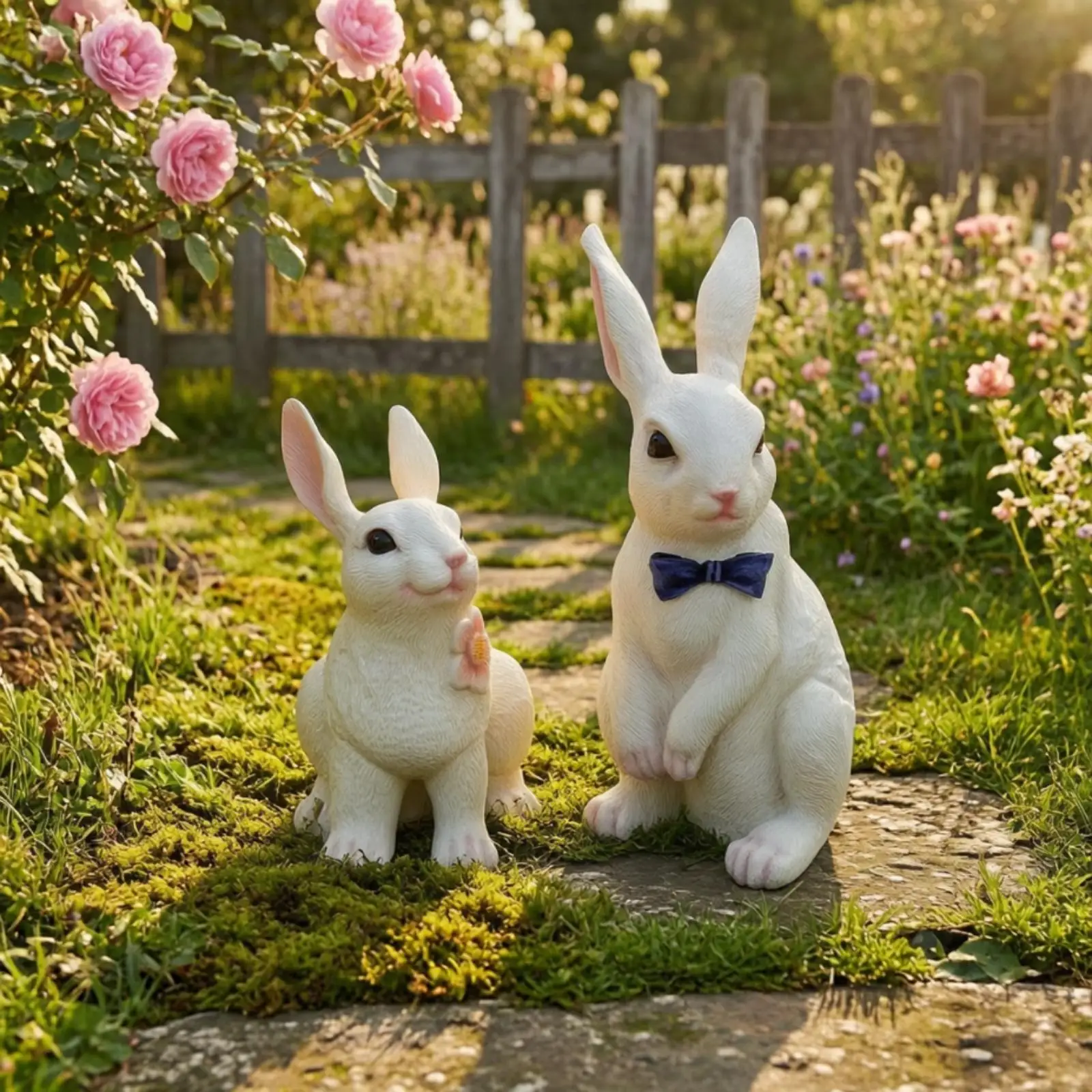 Decoración jardín estatua conejo lazo azul rosa para gatos perros - imagen 2