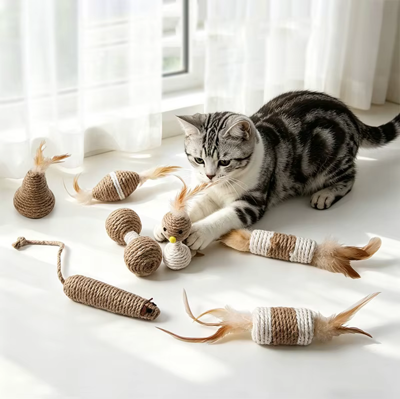 Juguetes de cuerda de sisal con plumas