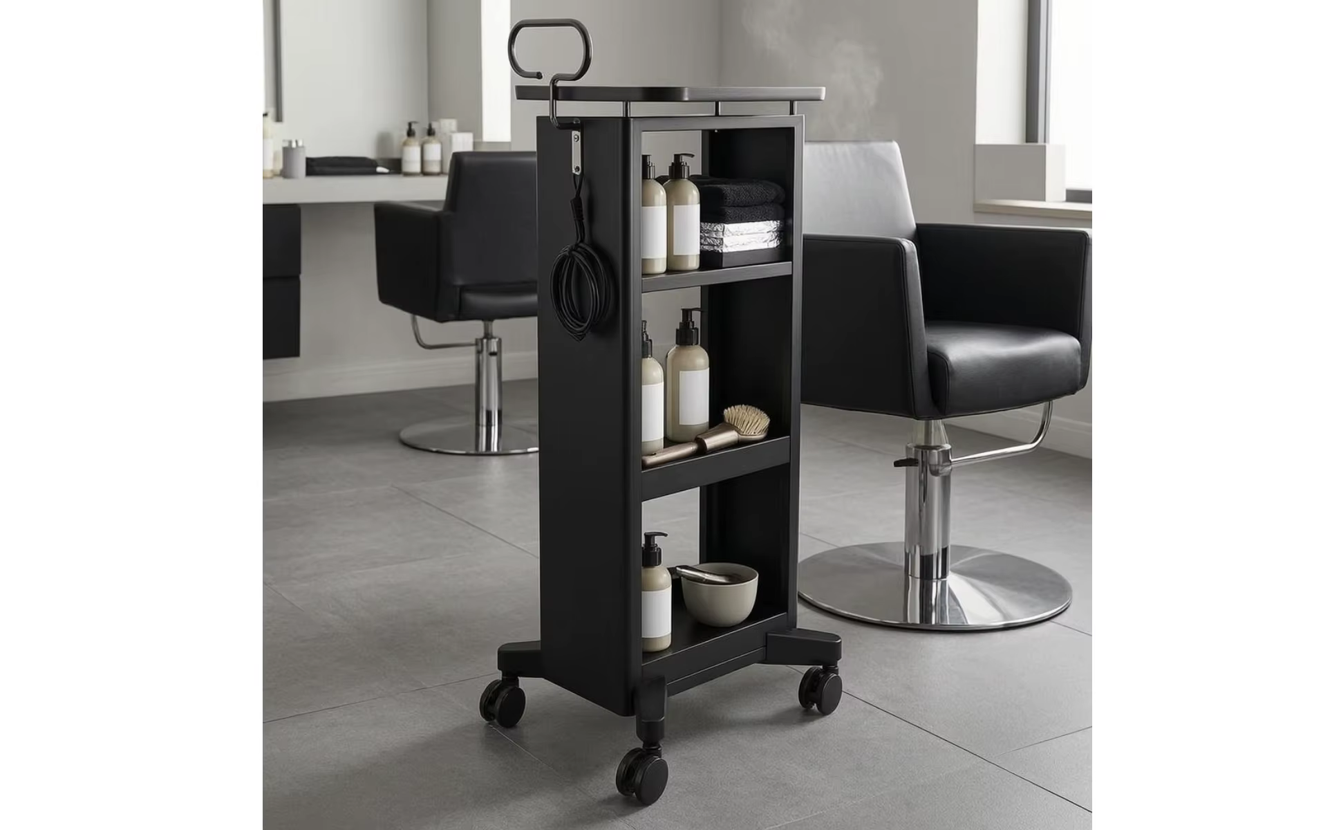 Carrito de peluquería metálico negro con ruedas