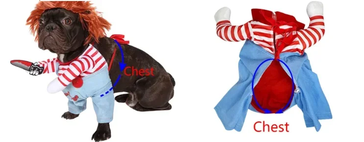 Perro con disfraz de Chucky de pelo rojo