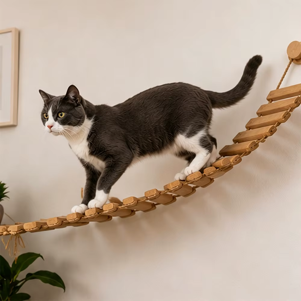 Puente escalera de pared para gatos – Mueble de madera suspendido - imagen 5
