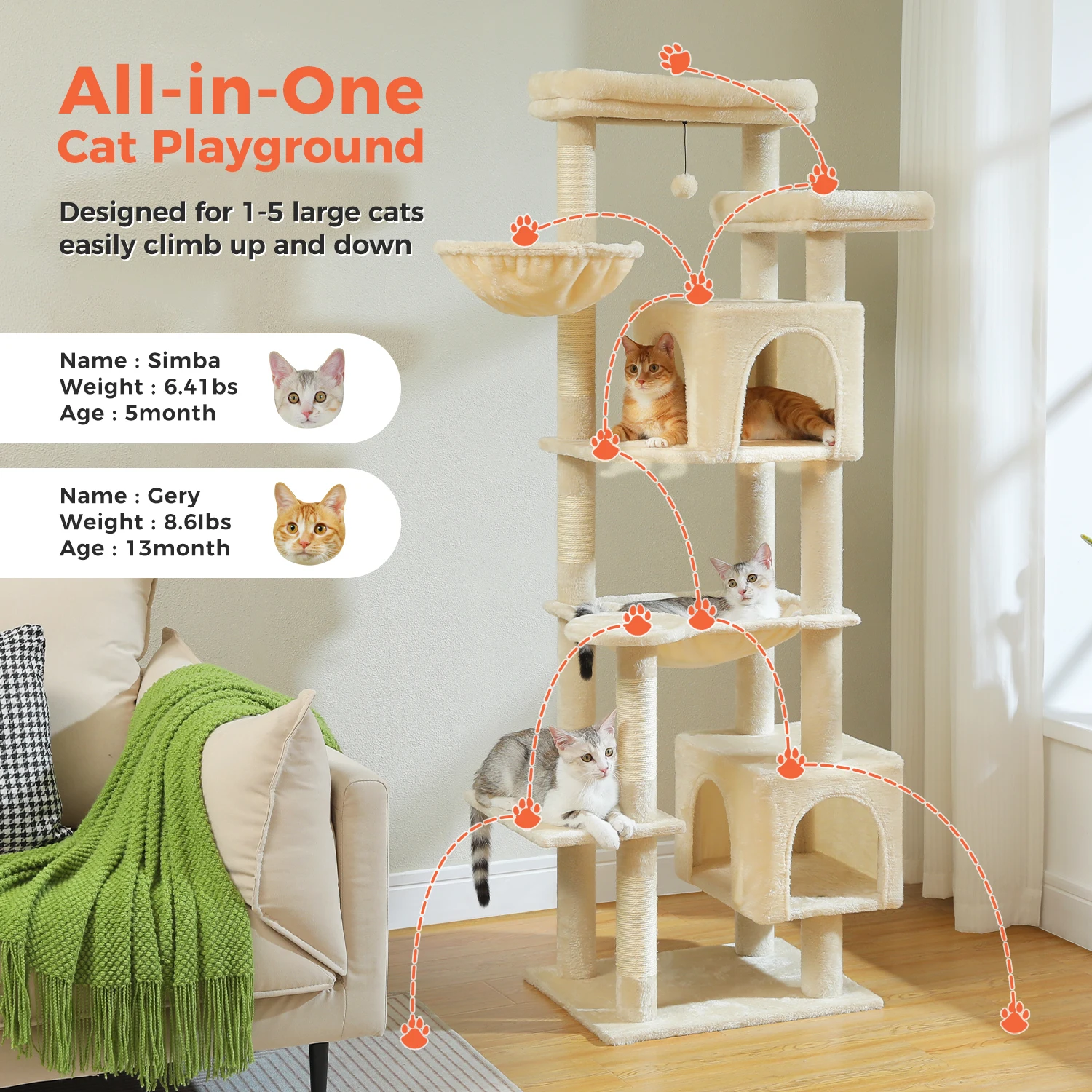 Árbol rascador grande para gatos – Torre con hamaca y casita - imagen 3