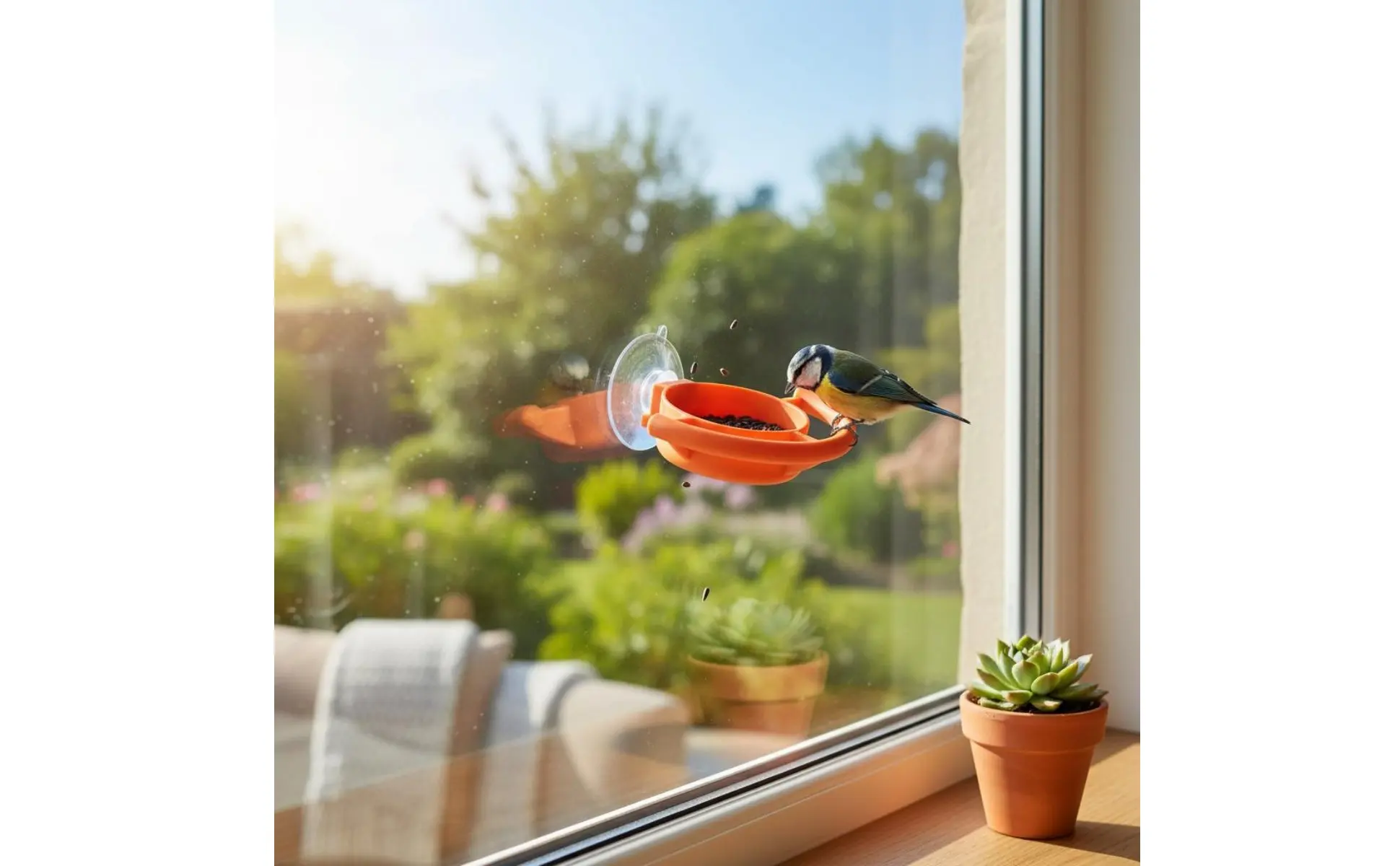 Comedero de aves con soporte de succión para montar en ventana