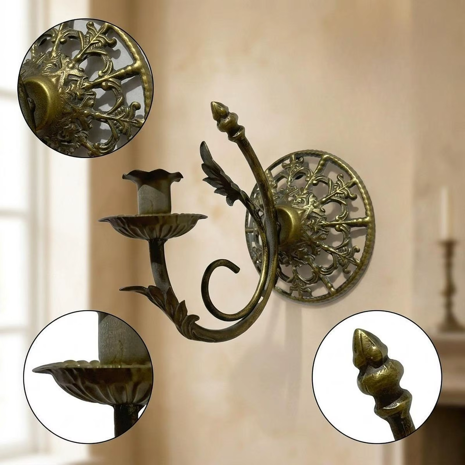 Portavelas de pared de hierro bronce con diseño calado vintage