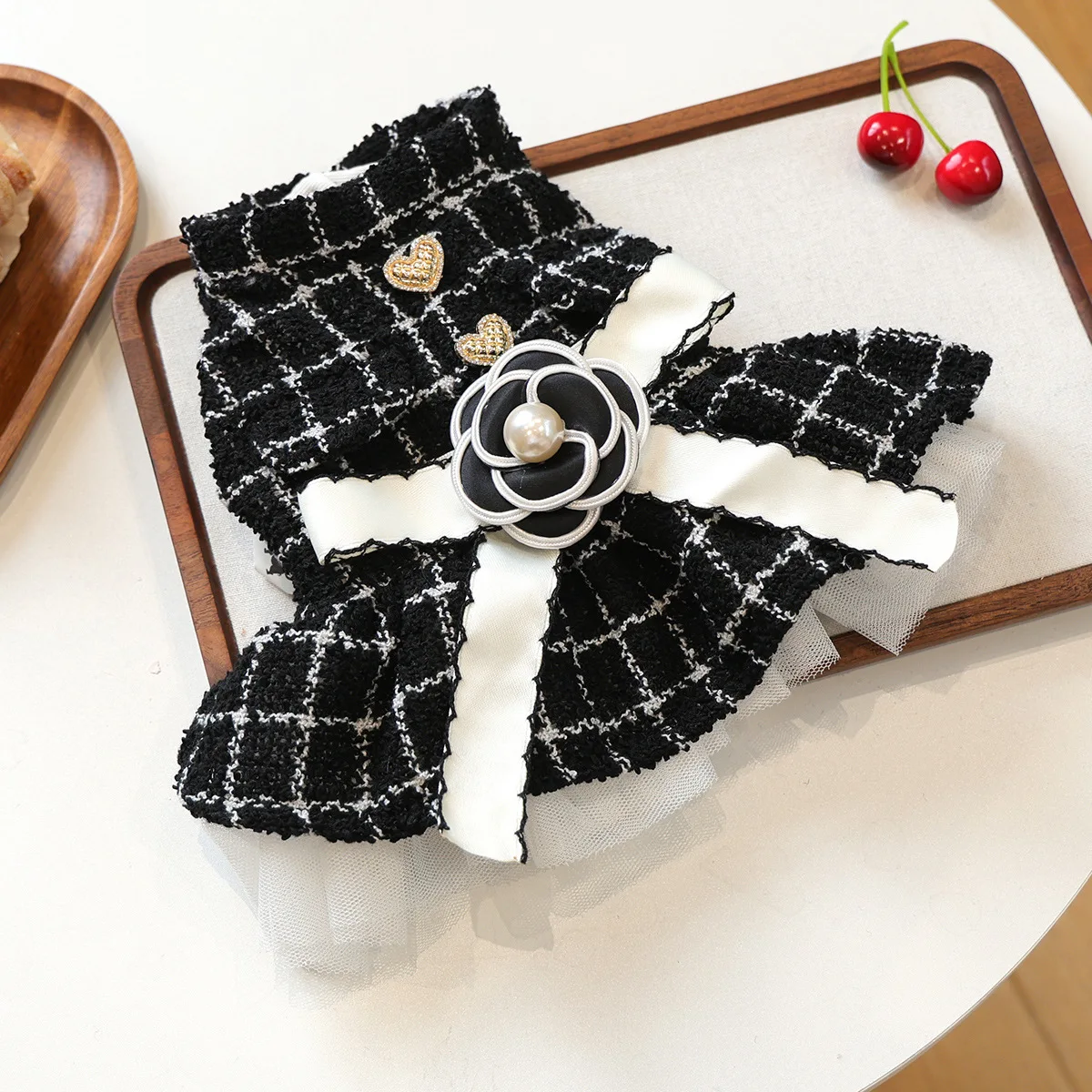 Vestido de lana a cuadros con lazo de mariposa para perros pequeños y cachorros - imagen 2