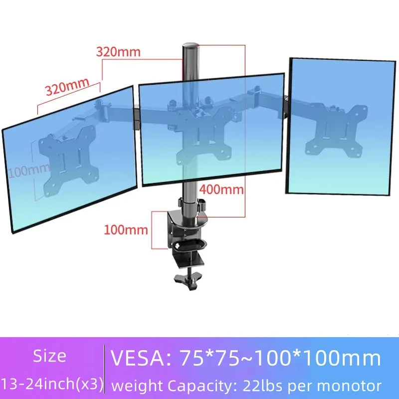 Soporte triple monitor visto desde frente con tres pantallas montadas