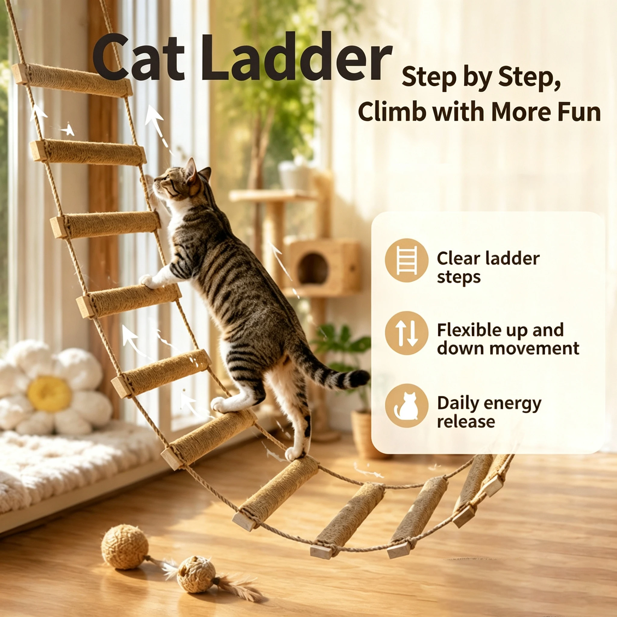 Escalera Rascador para Gatos de Madera con Cuerda de Sisal - imagen 4