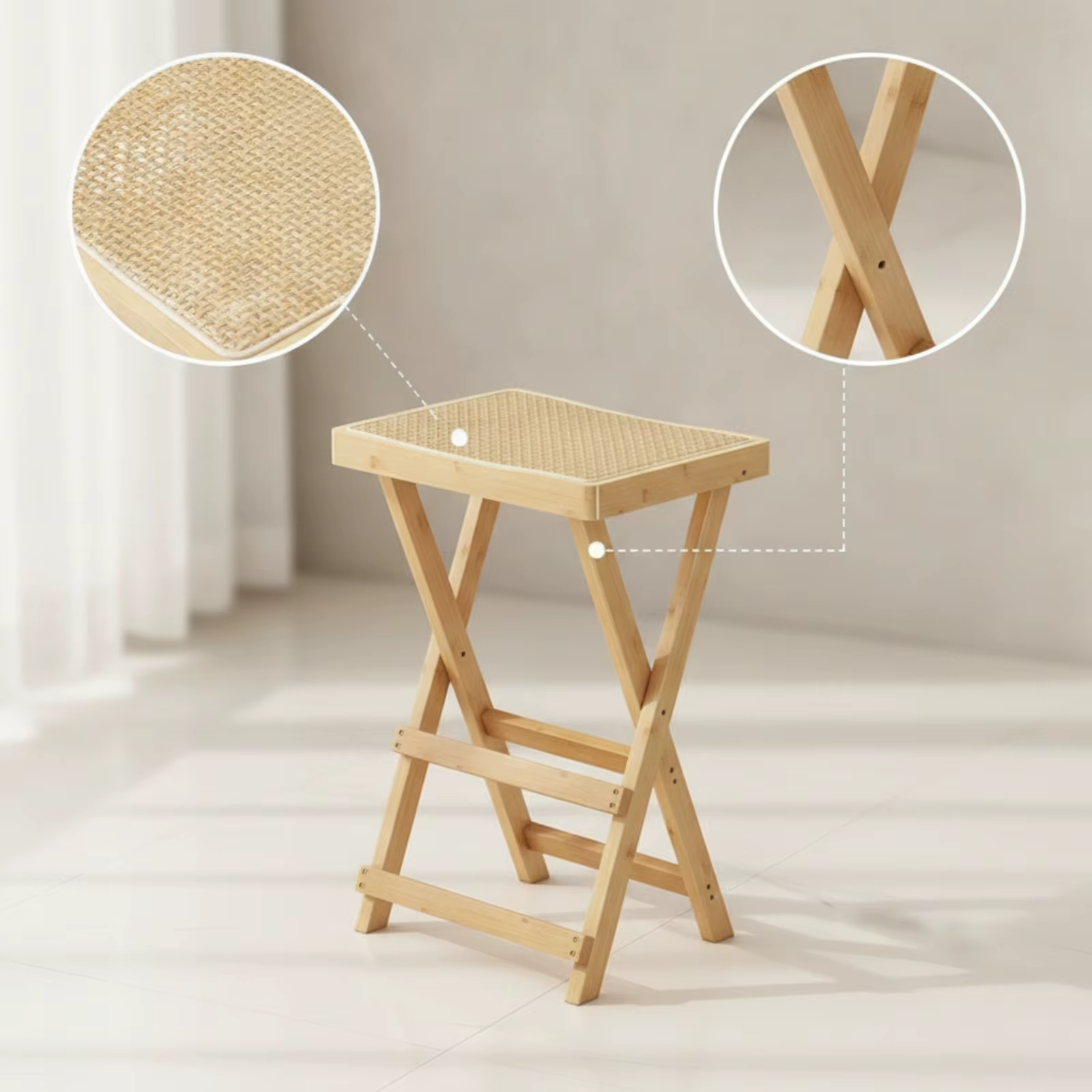 Taburete plegable de bambú con asiento tejido para gatos y perros