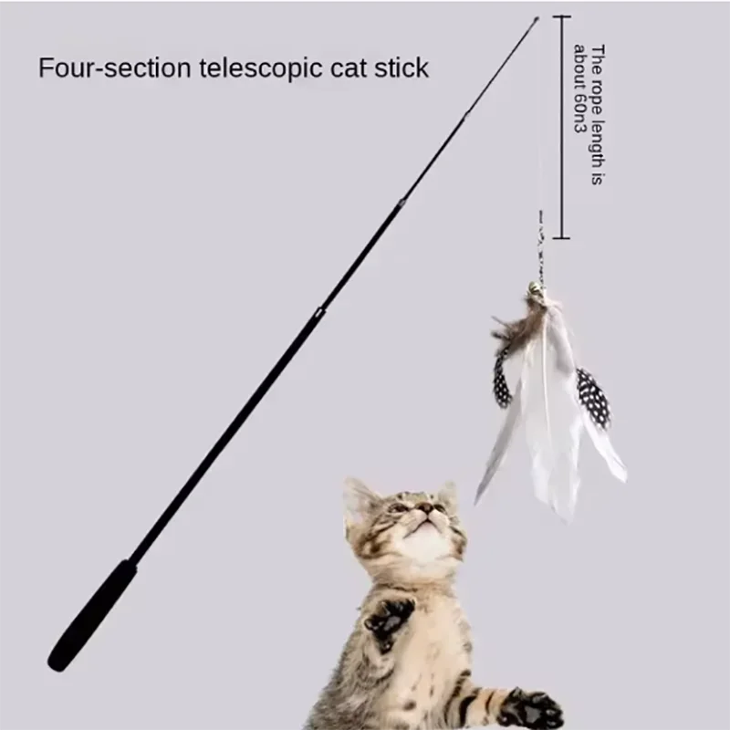 Persona sosteniendo la varita mientras el gato salta para atrapar las plumas