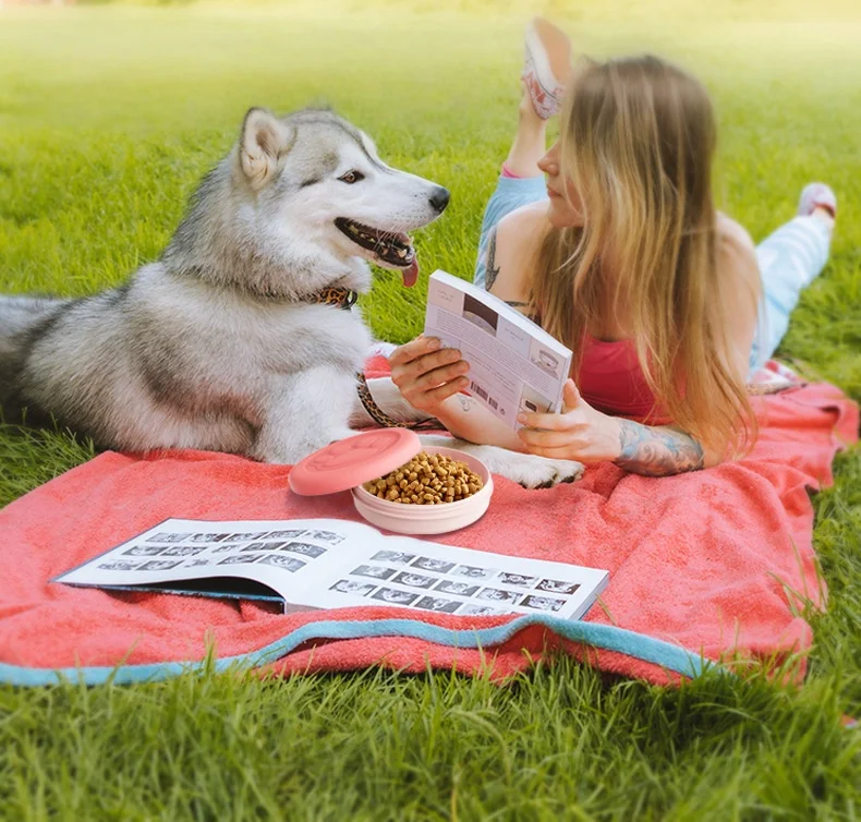Tazón portátil 2 en 1 para gatos y perros: comida y agua con compartimento para premios