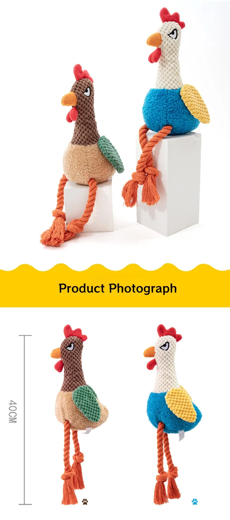 Juguete de peluche pequeño con cuerda de pollo crudo