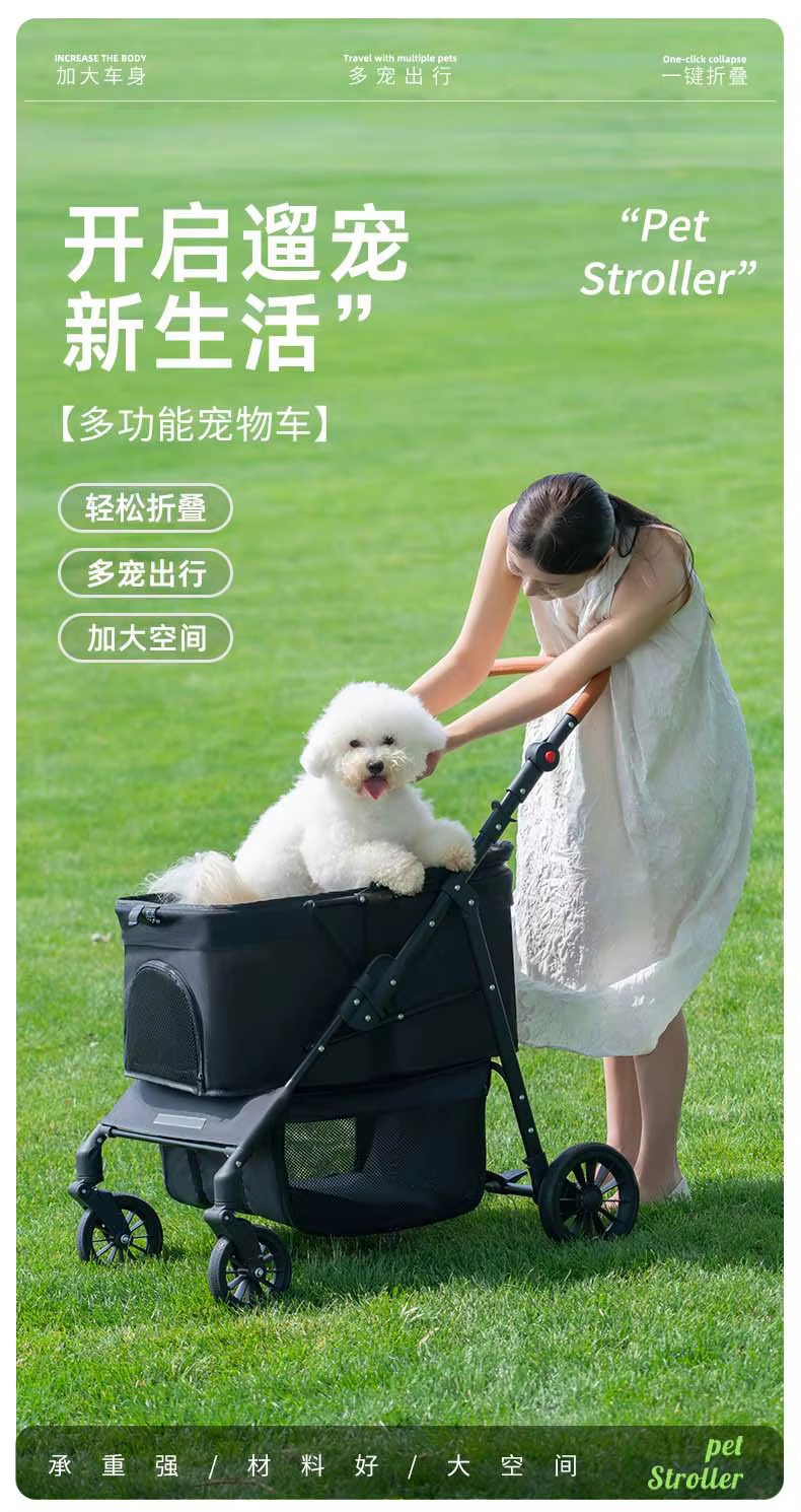 Carrito plegable para mascotas medianas y grandes, preparado para el paseo