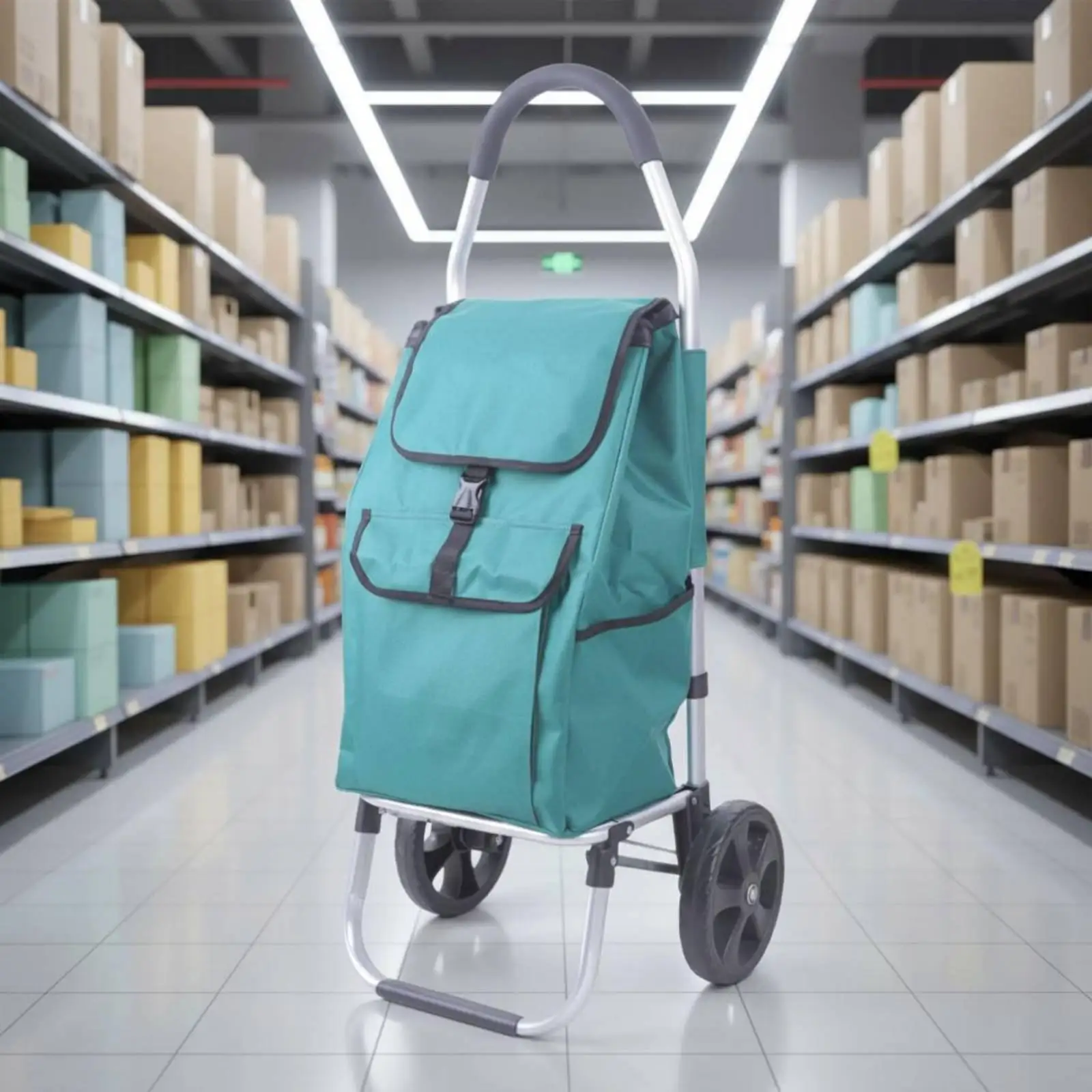 Carrito desplegado en entorno de supermercado mostrando su funcionalidad
