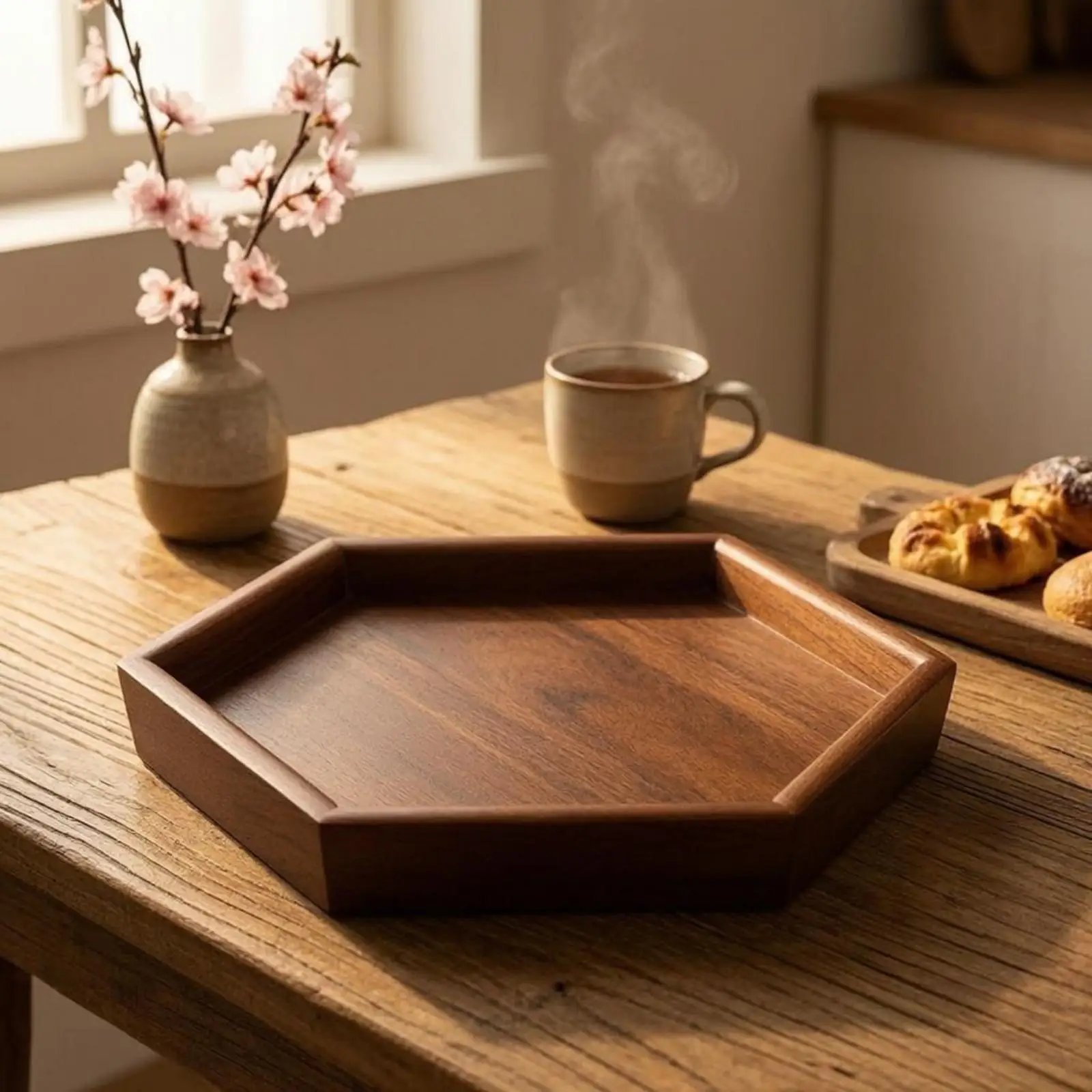 Bandeja de servir en madera oscura con diseño facetado - imagen 4