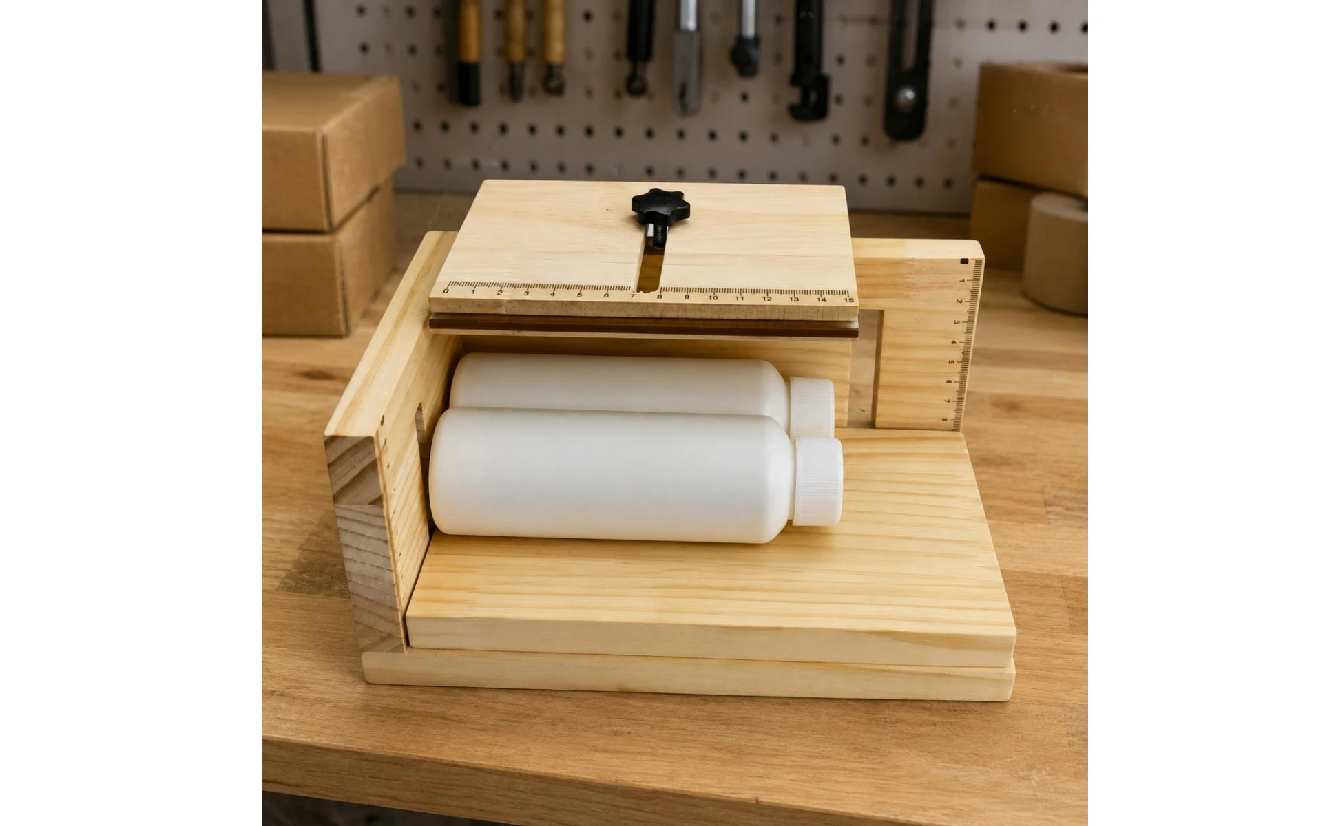 Detalle del soporte de madera y su base plana