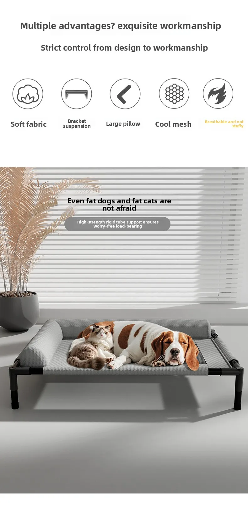Cama elevada para mascotas en uso con perro