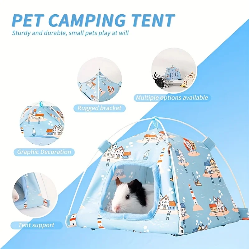 Mini tienda de campaña colorida para hámster sobre cama de virutas