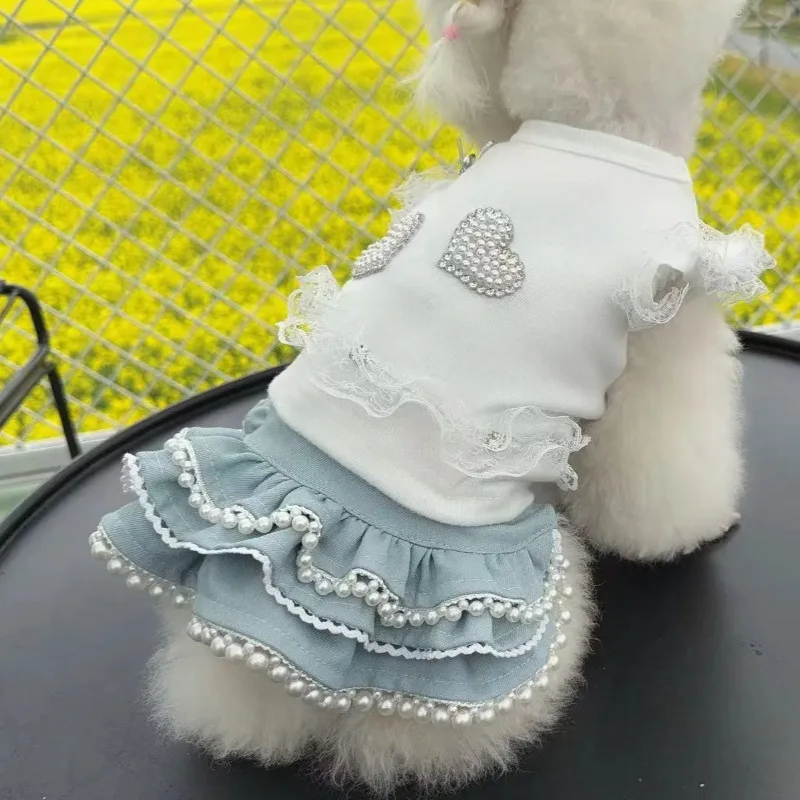 Conjunto ropa para gatos y perros pequeños blusa encaje falda vaquera