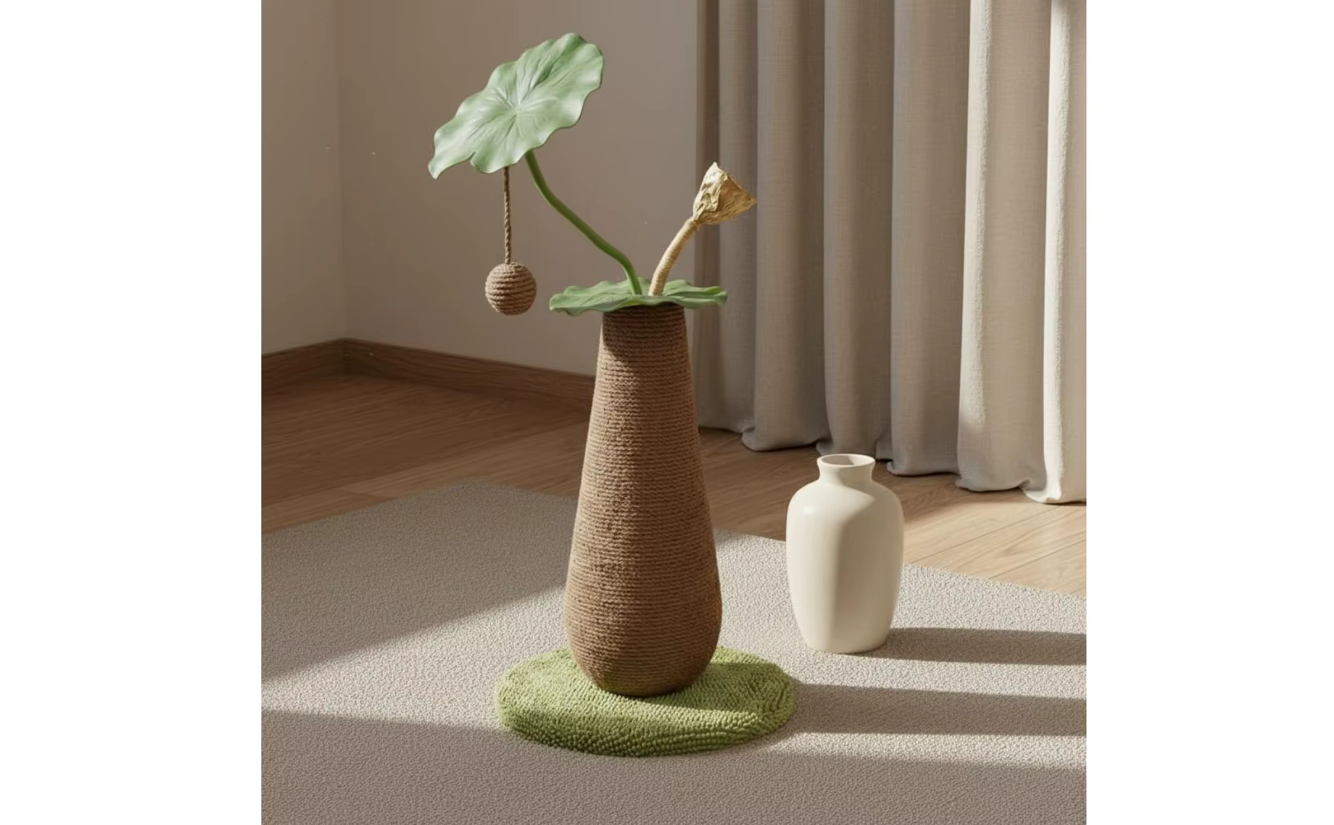 Rascador vertical con diseño tipo loto y base decorativa verde