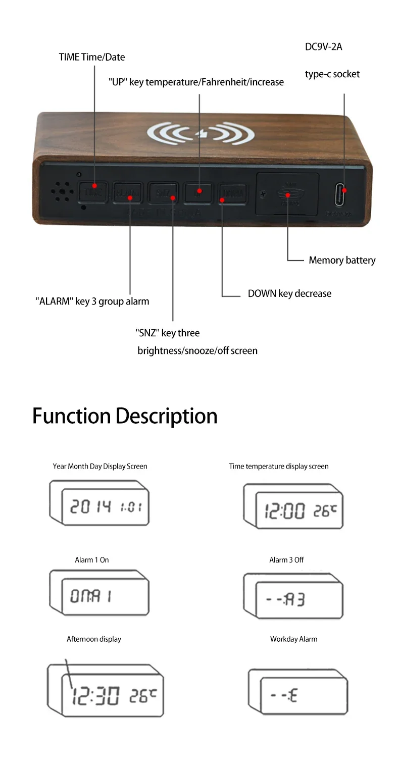 Reloj de escritorio multifuncional con alarma y temperatura