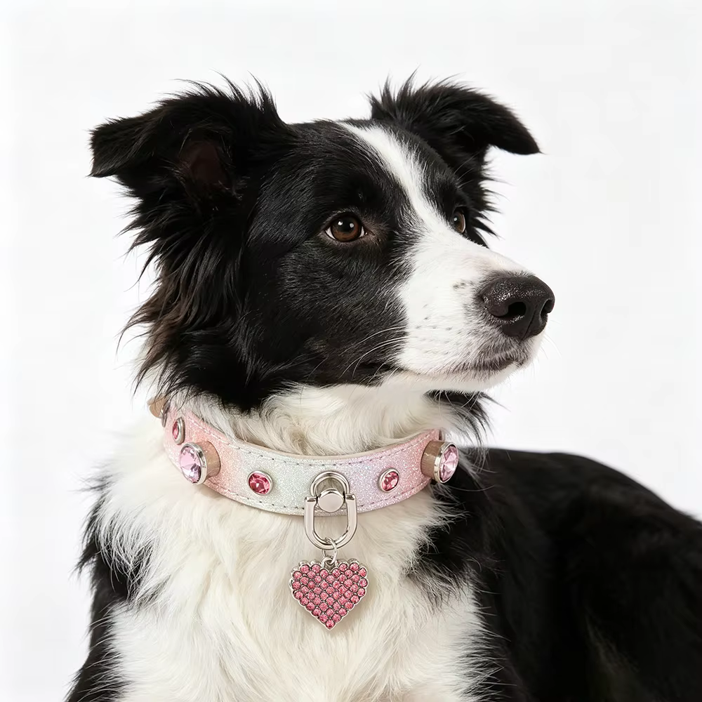 Collar de perro de cuero cómodo y ajustable con pedrería brillante - imagen 5
